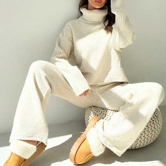 Grey Casual Women's Loose Fit High Neck Oversized Sweater Set - Picture 8 of 8